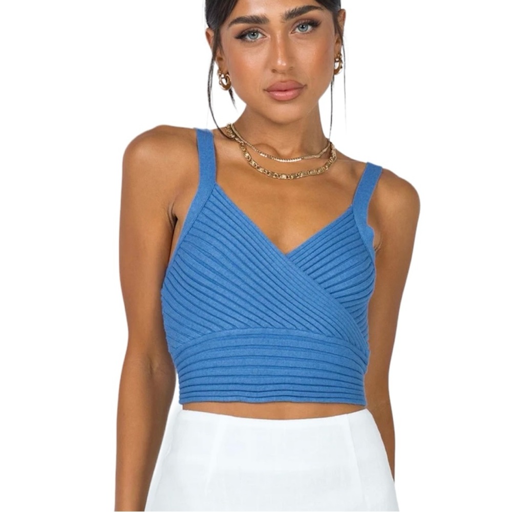 Princess Polly Ribbed Crop Top Tank Faux Wrap Blue S M